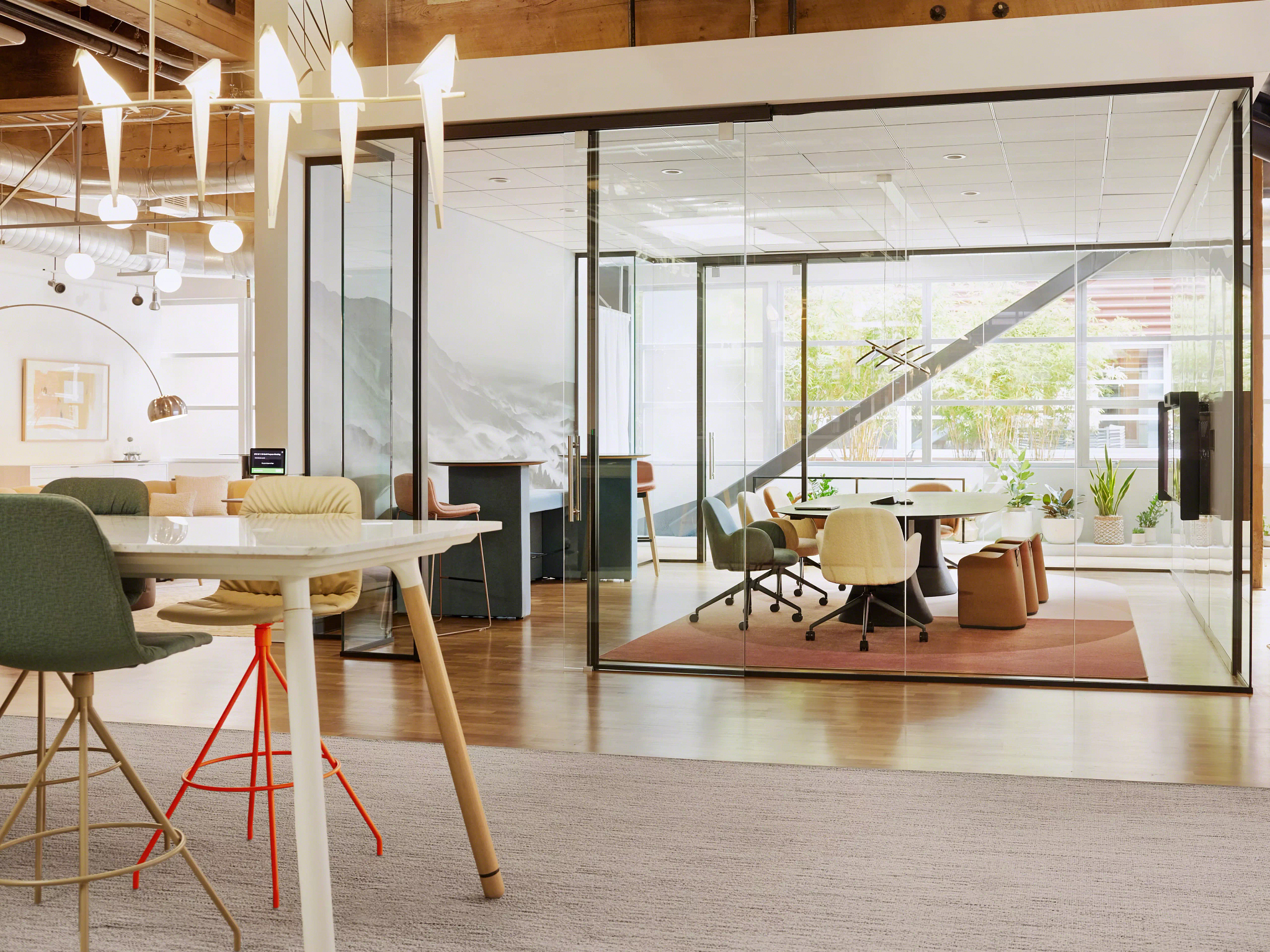Inviting shared workspace with lounge seating and plants