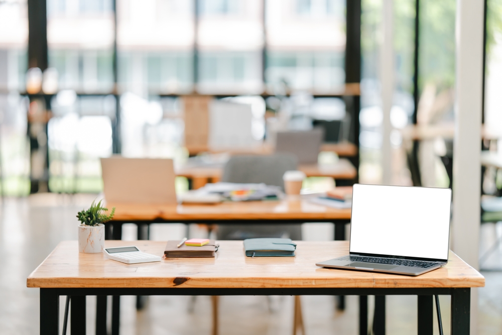 Empty,Office,Desk,With,Laptop,And,Accessories.,Work,Space.,Free