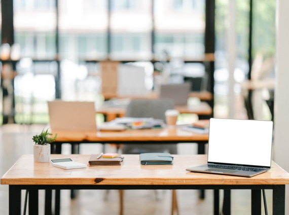 Empty,Office,Desk,With,Laptop,And,Accessories.,Work,Space.,Free