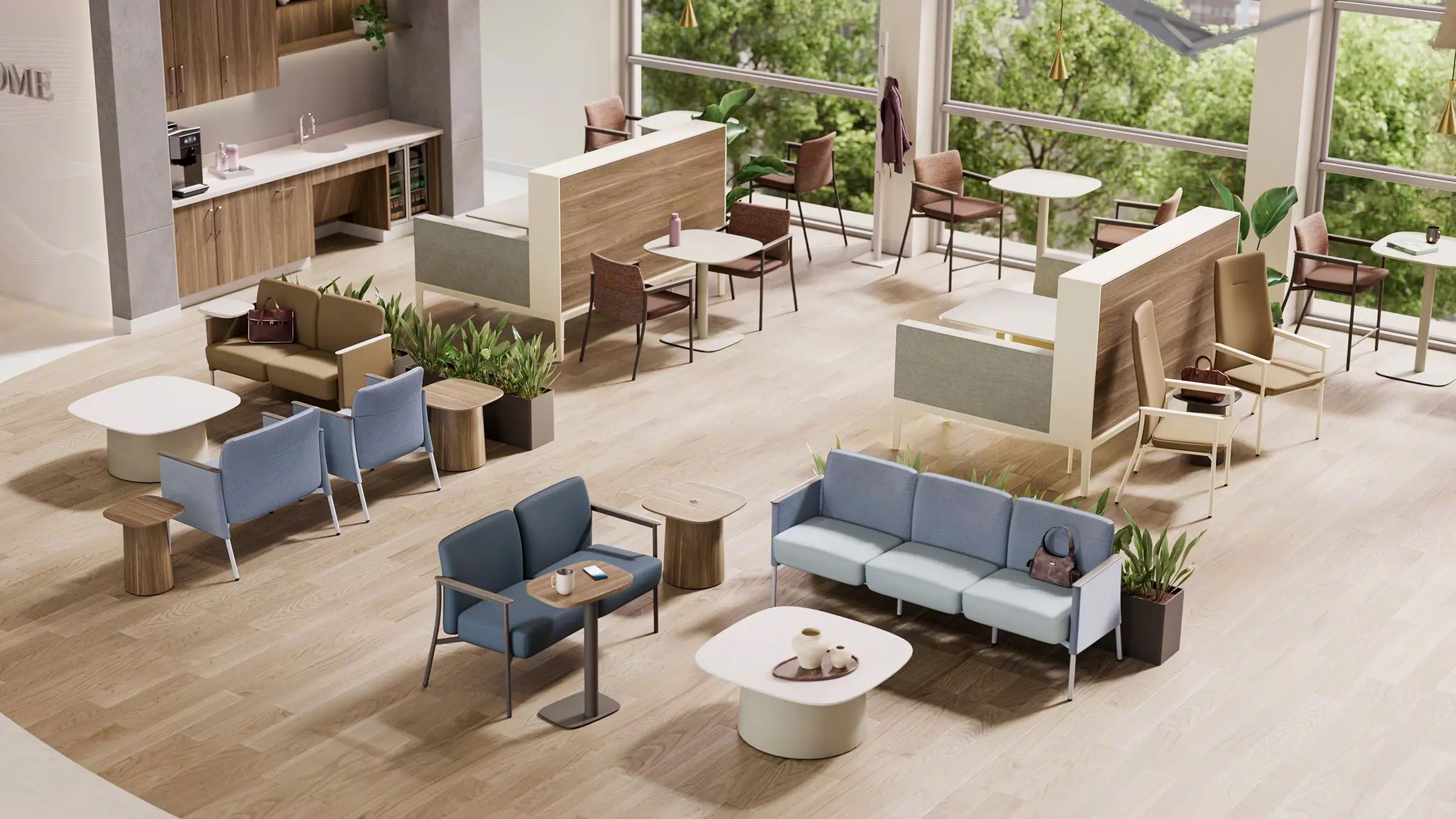 Blue workspace for employees